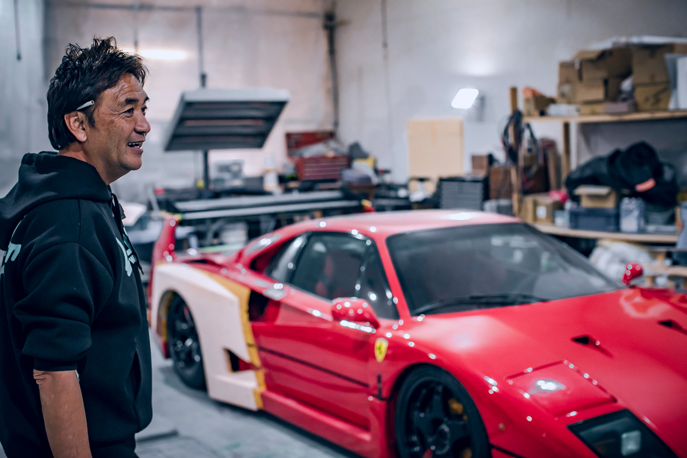 Kato-San and his beloved Ferrari F40 undergoing the Liberty Walk widebody transformation.